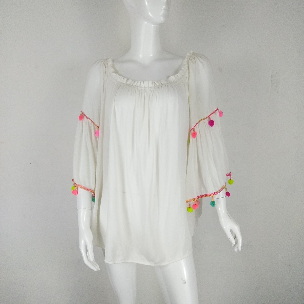 White PomPom Peasant Top - 1X